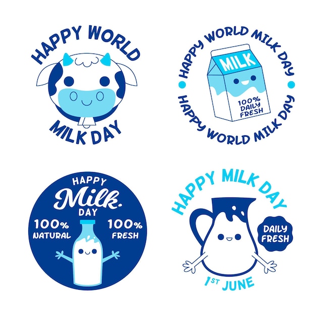 Vecteur gratuit collection d'étiquettes de la journée mondiale du lait plat