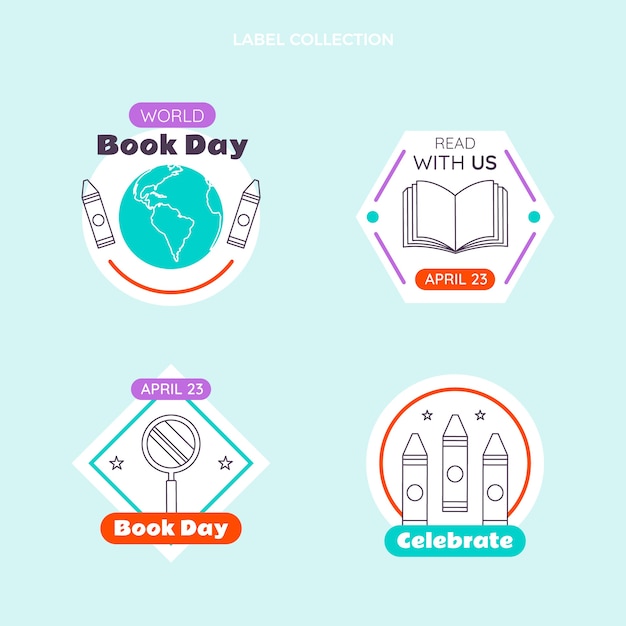 Vecteur gratuit collection d'étiquettes de la journée mondiale du livre plat