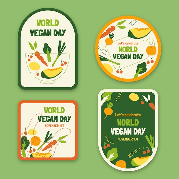 Vecteur gratuit collection d'étiquettes de la journée mondiale végétalienne plate