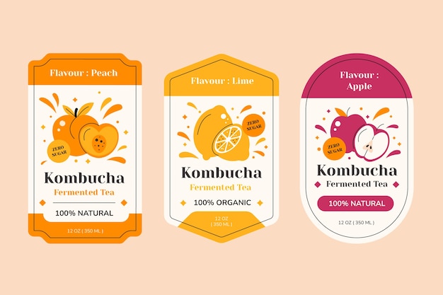 Vecteur gratuit collection d'étiquettes kombucha dessinées à la main