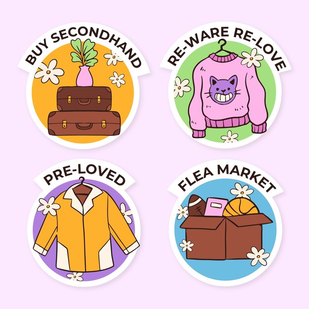 Collection d'étiquettes de magasinage de marché aux puces dessinées à la main