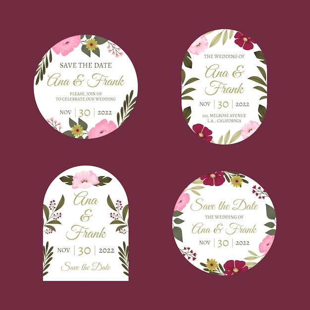 Vecteur gratuit collection d'étiquettes de mariage floral plat