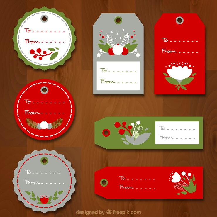 Vecteur gratuit collection d&#39;étiquettes de noël avec décoration florale