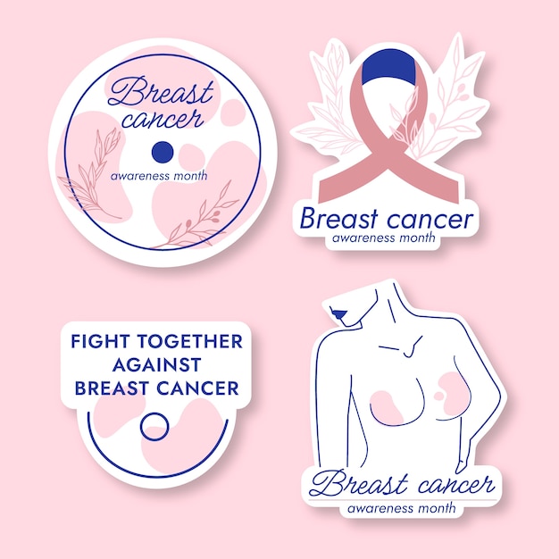 Vecteur gratuit collection d'étiquettes plates dessinées à la main du mois de sensibilisation au cancer du sein