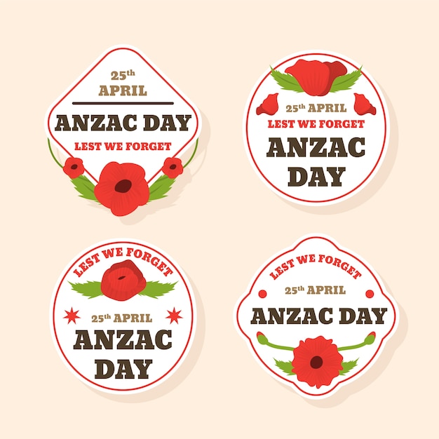 Vecteur gratuit collection d'étiquettes plates du jour de l'anzac