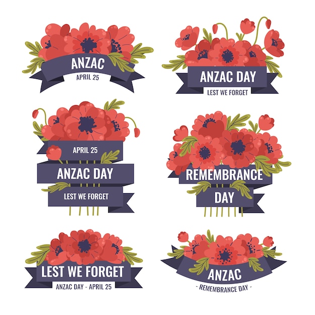 Vecteur gratuit collection d'étiquettes plates du jour de l'anzac