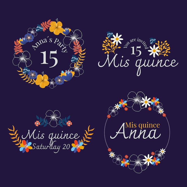Vecteur gratuit collection d'étiquettes de quinceañera dessinées à la main