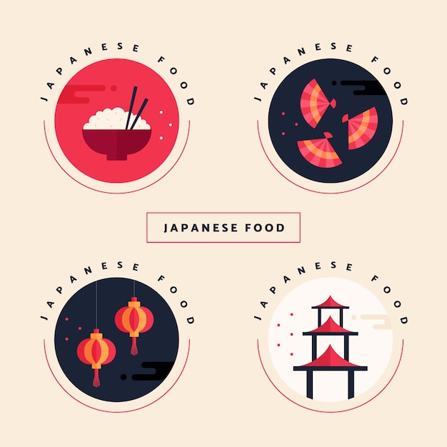 Vecteur gratuit collection d'étiquettes de restaurant japonais plat avec de la nourriture traditionnelle