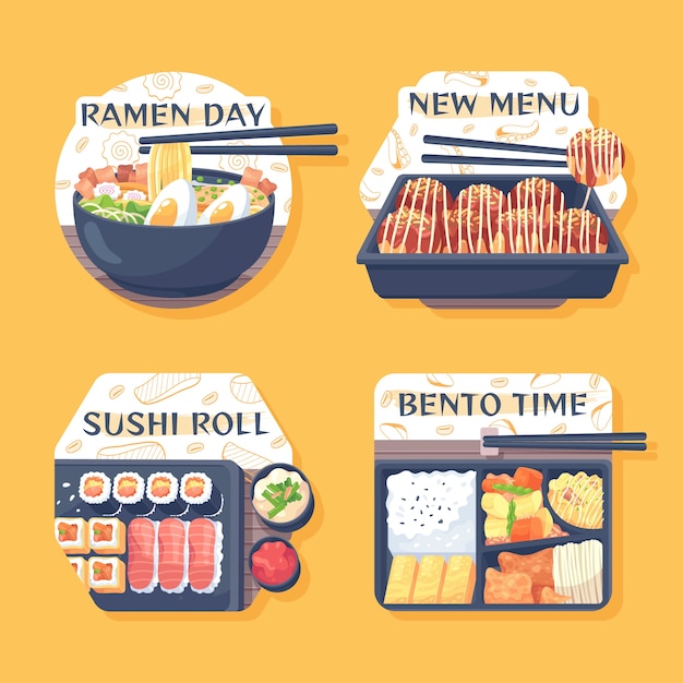 Vecteur gratuit collection d'étiquettes de restaurant japonais plat