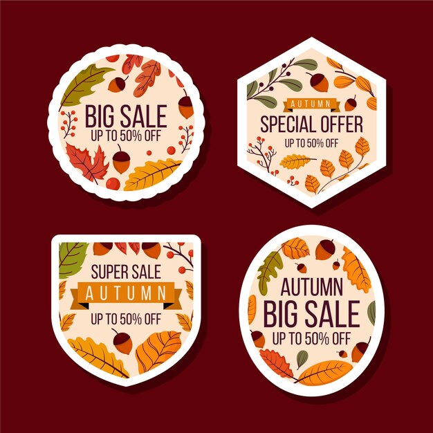 Collection d'étiquettes de vente d'automne plat dessinés à la main