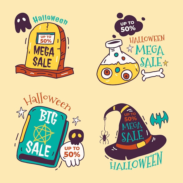 Collection D'étiquettes De Vente Halloween Dessinées à La Main