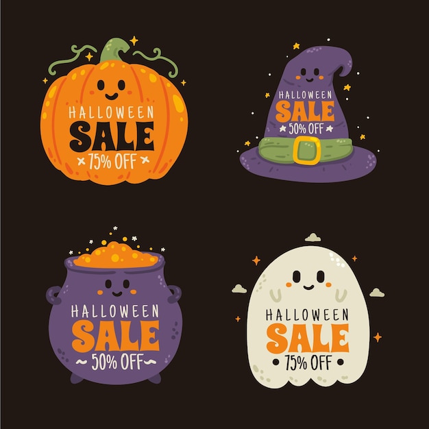 Vecteur gratuit collection d'étiquettes de vente halloween plat dessinés à la main