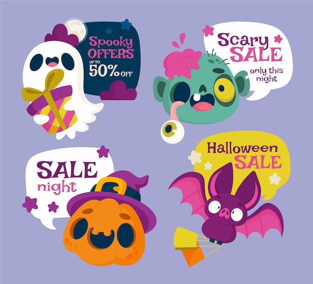 Vecteur gratuit collection d'étiquettes de vente halloween plat dessinés à la main