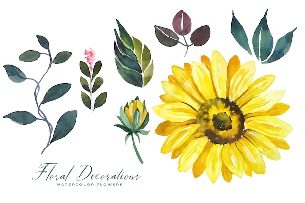 Collection de feuilles de décoration de tournesol aquarelle