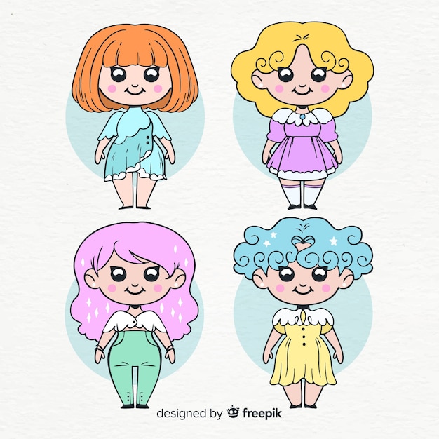 Vecteur gratuit collection de filles souriantes kawaii dessinées à la main