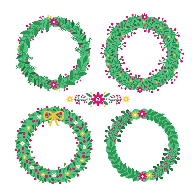 Collection de fleur et couronne de Noël au design plat