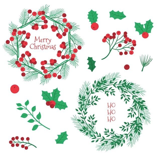 Vecteur gratuit collection de fleurs et couronnes de noël dessinés à la main