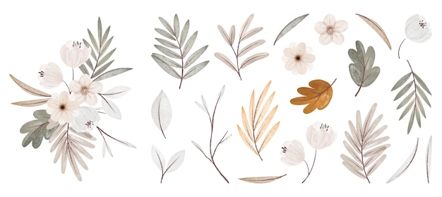 Collection de fleurs et de feuilles d'automne aquarelle avec bouquet