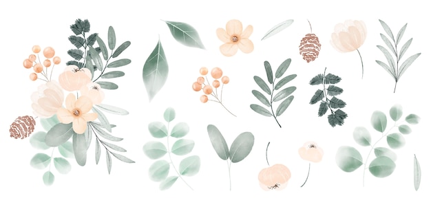 Collection de fleurs et de feuilles de noël aquarelle