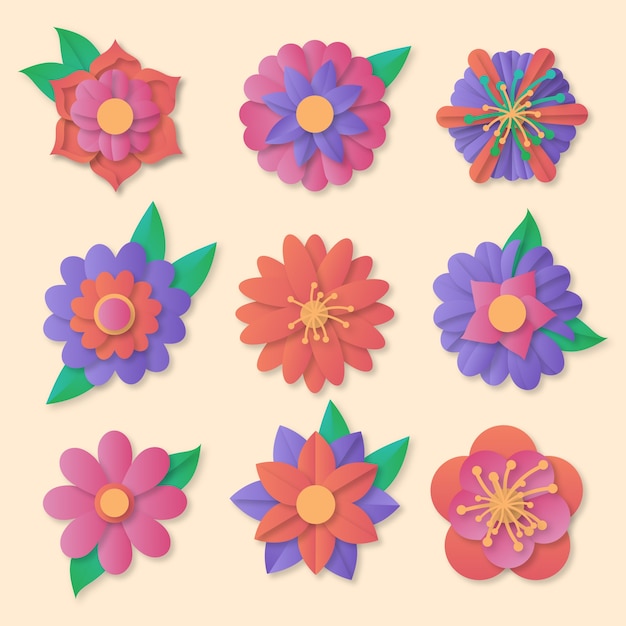 Collection De Fleurs De Printemps Colorées Dans Un Style Papier