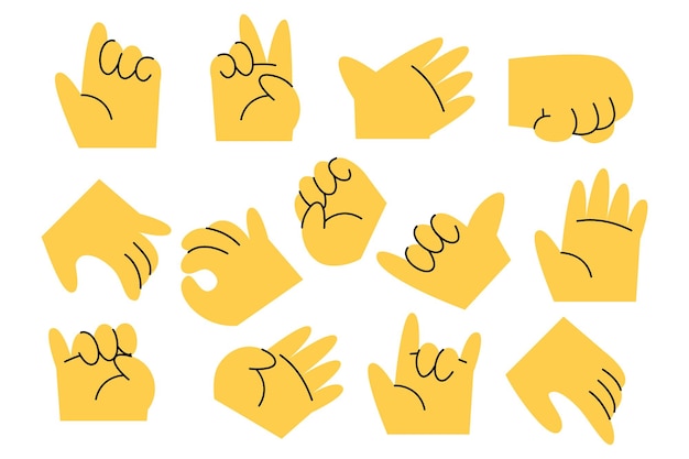 Vecteur gratuit collection de gestes de la main de dessin animé avec un teint jaune