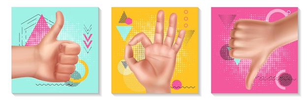 Collection de gestes de la main réaliste avec des mains féminines montrant des signes de haut en bas du pouce correct