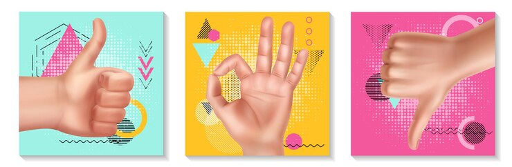 Collection de gestes de la main réaliste avec des mains féminines montrant des signes de haut en bas du pouce correct