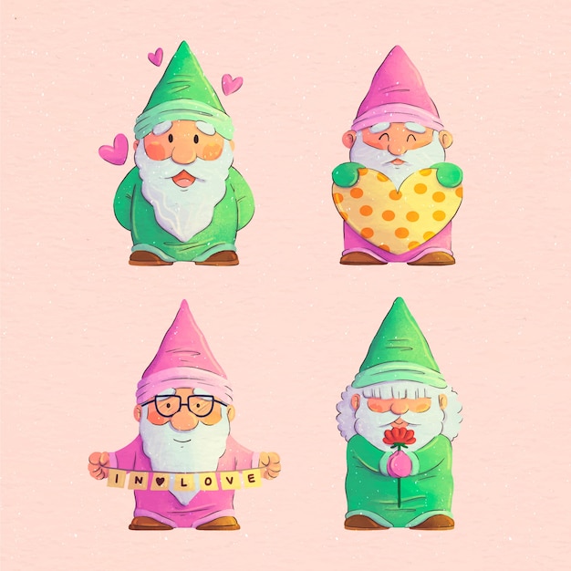 Vecteur gratuit collection de gnomes aquarelle pour la saint-valentin