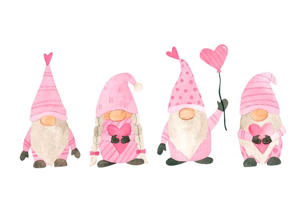 Collection de gnomes aquarelle saint valentin