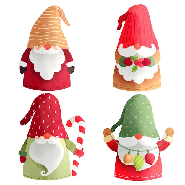 Vecteur gratuit collection de gnomes de noël aquarelle