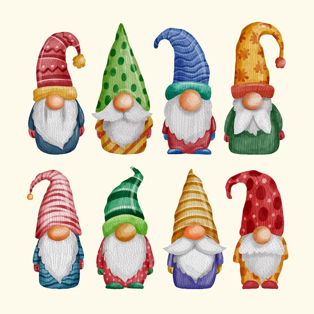 Vecteur gratuit collection de gnomes de noël aquarelle