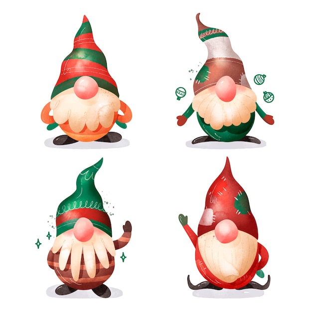 Vecteur gratuit collection de gnomes de noël aquarelle