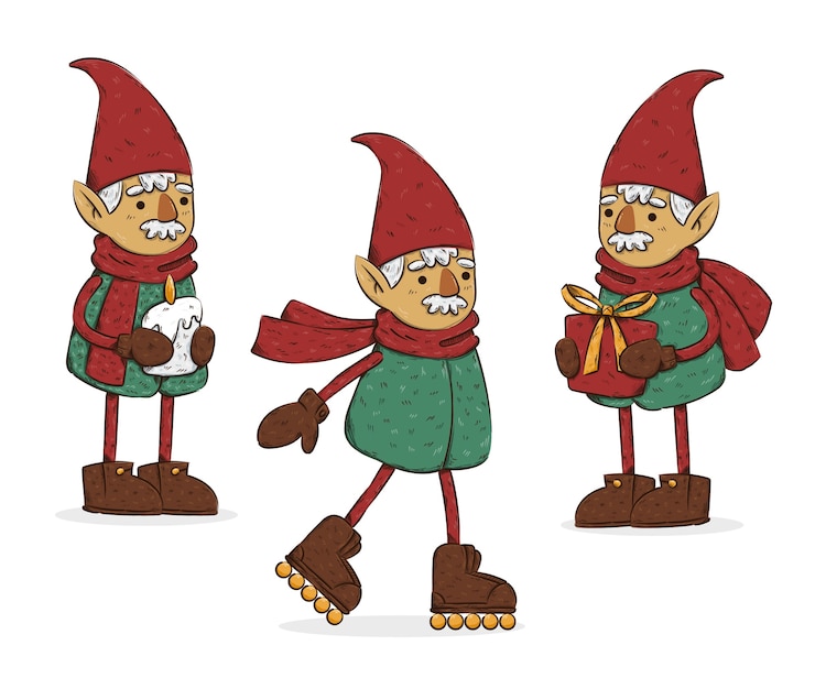 Vecteur gratuit collection de gnomes de noël dessinés à la main