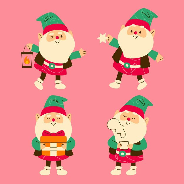 Collection de gnomes de noël plats dessinés à la main