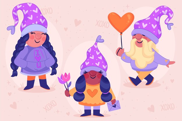 Collection de gnomes plats de la saint-valentin