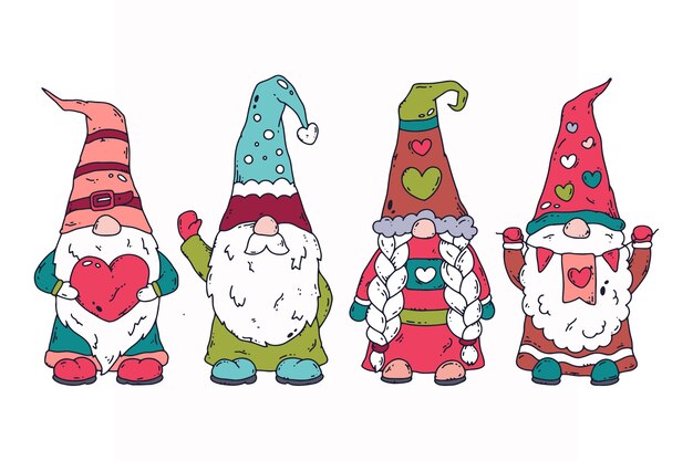 Collection de gnomes de la saint-valentin dessinés à la main