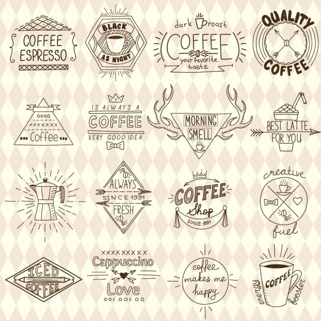 Collection De Hippie Café Sommaire étiquettes Vector Illustration