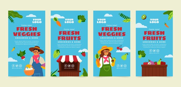 Collection d'histoires instagram d'affaires de marché local dessinées à la main