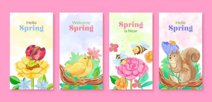 Vecteur gratuit collection d'histoires instagram à l'aquarelle pour la célébration de la saison du printemps