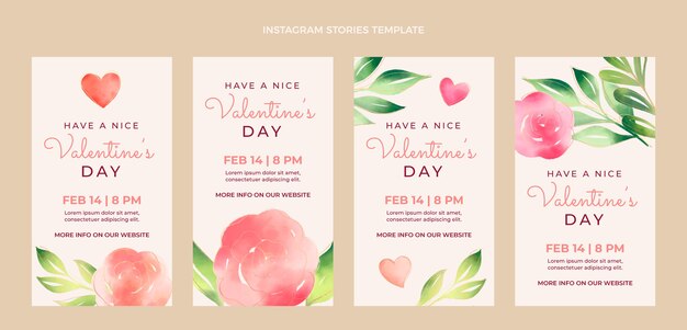 Collection d'histoires instagram à l'aquarelle pour la saint-valentin