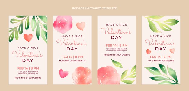 Collection d'histoires instagram à l'aquarelle pour la saint-valentin