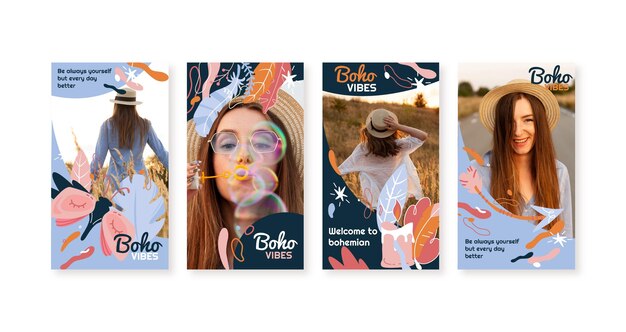 Collection d'histoires instagram boho dessinées à la main avec photo