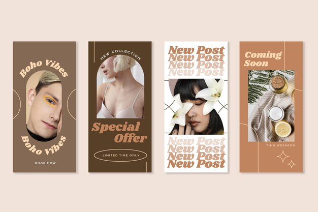 Collection d'histoires instagram boho plat avec photo