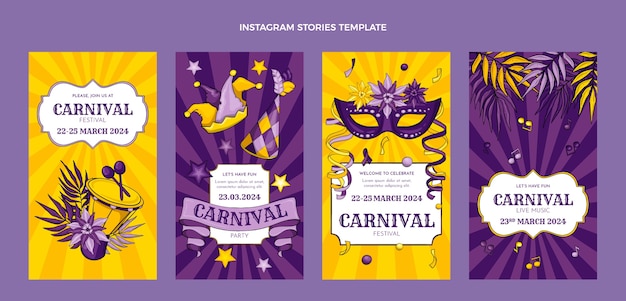 Collection D'histoires Instagram De Carnaval Dessinées à La Main