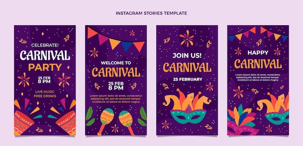 Collection d'histoires instagram de carnaval plat