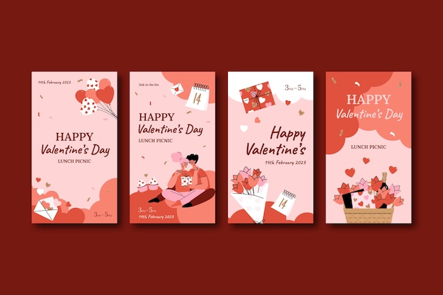 Vecteur gratuit collection d'histoires instagram de célébration de la saint-valentin