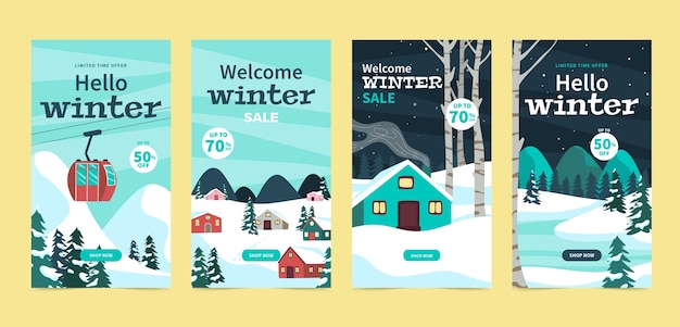 Vecteur gratuit collection d'histoires instagram de célébration de la saison d'hiver plate