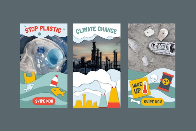 Collection d'histoires instagram sur le changement climatique de style papier
