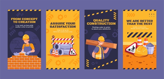 Vecteur gratuit collection d'histoires instagram de construction plate