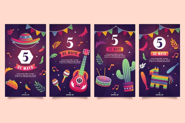 Vecteur gratuit collection d'histoires instagram dégradé cinco de mayo